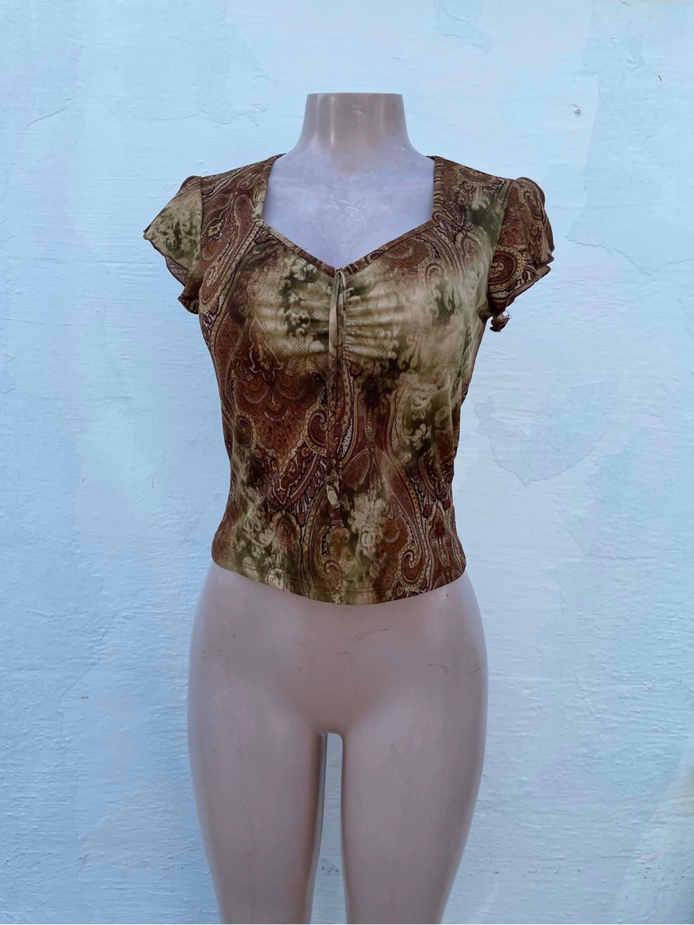 Star City Paisley Tie-Front Crop Top - Brown & Olive